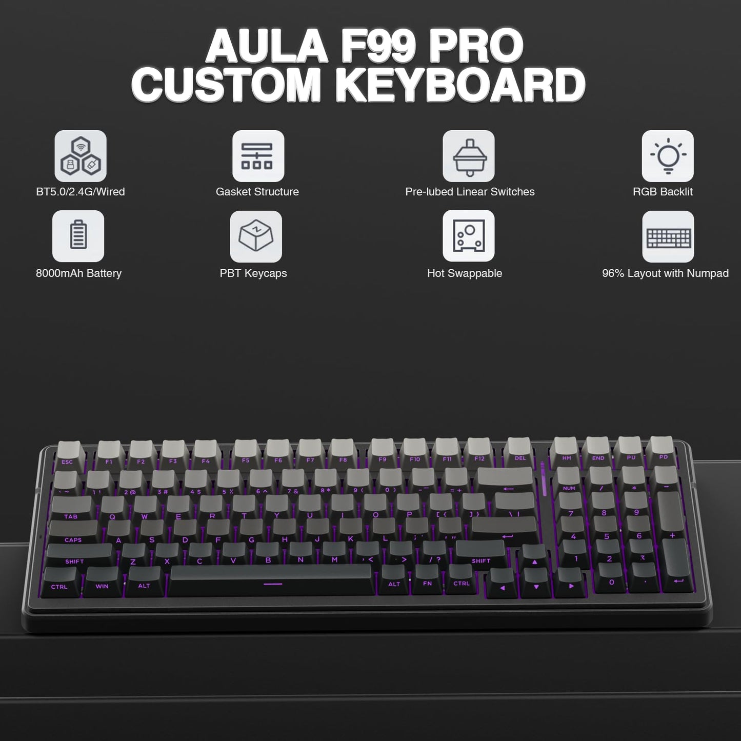 AULA Wireless Keyboard and Mouse Combo, F99 Pro Mechanical Keyboards,Gasket Hot Swappable Custom Keyboard+SC580X Wireless Gaming Mouse Light Purple