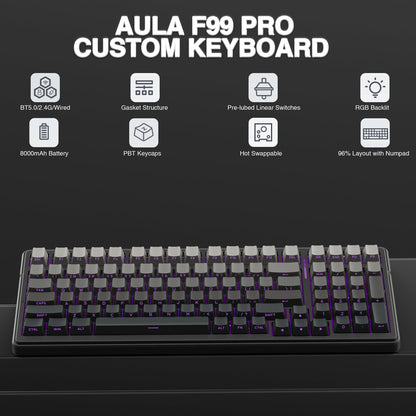 AULA Wireless Keyboard and Mouse Combo, F99 Pro Mechanical Keyboards,Gasket Hot Swappable Custom Keyboard+SC580X Wireless Gaming Mouse Light Purple