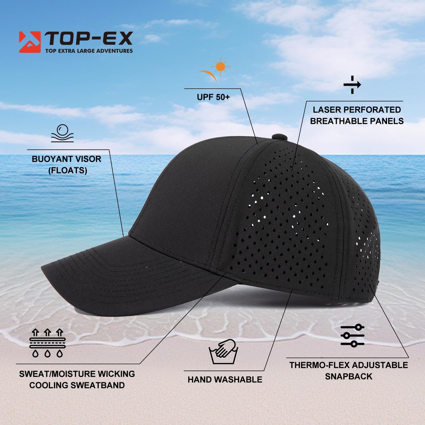 Men Women Oversize M/L Black Snapback Baseball Cap Hydro Performance Cool Hat Water Repellent Boat Golf Running Workout Beach Lake Gym