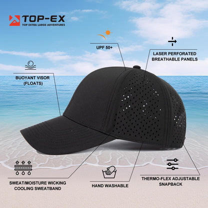 Men Women Oversize M/L Black Snapback Baseball Cap Hydro Performance Cool Hat Water Repellent Boat Golf Running Workout Beach Lake Gym
