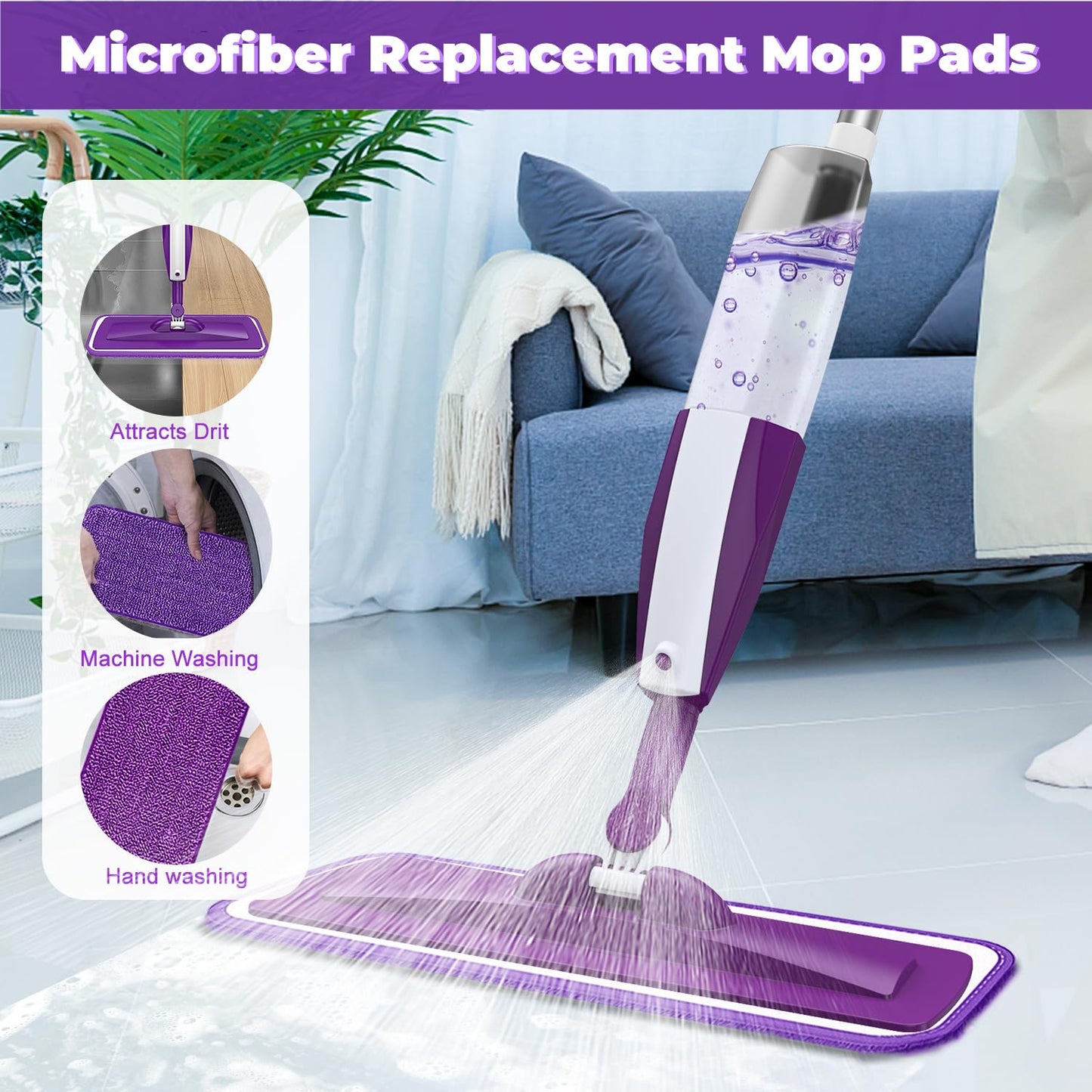 Microfiber Spray Mop for Floor Cleaning - Reusable Floor Mop with 3 Washable Pads, Refillable Bottle Flat Mop with Sprayer for Hardwood Laminate Wood Floor Cleaning