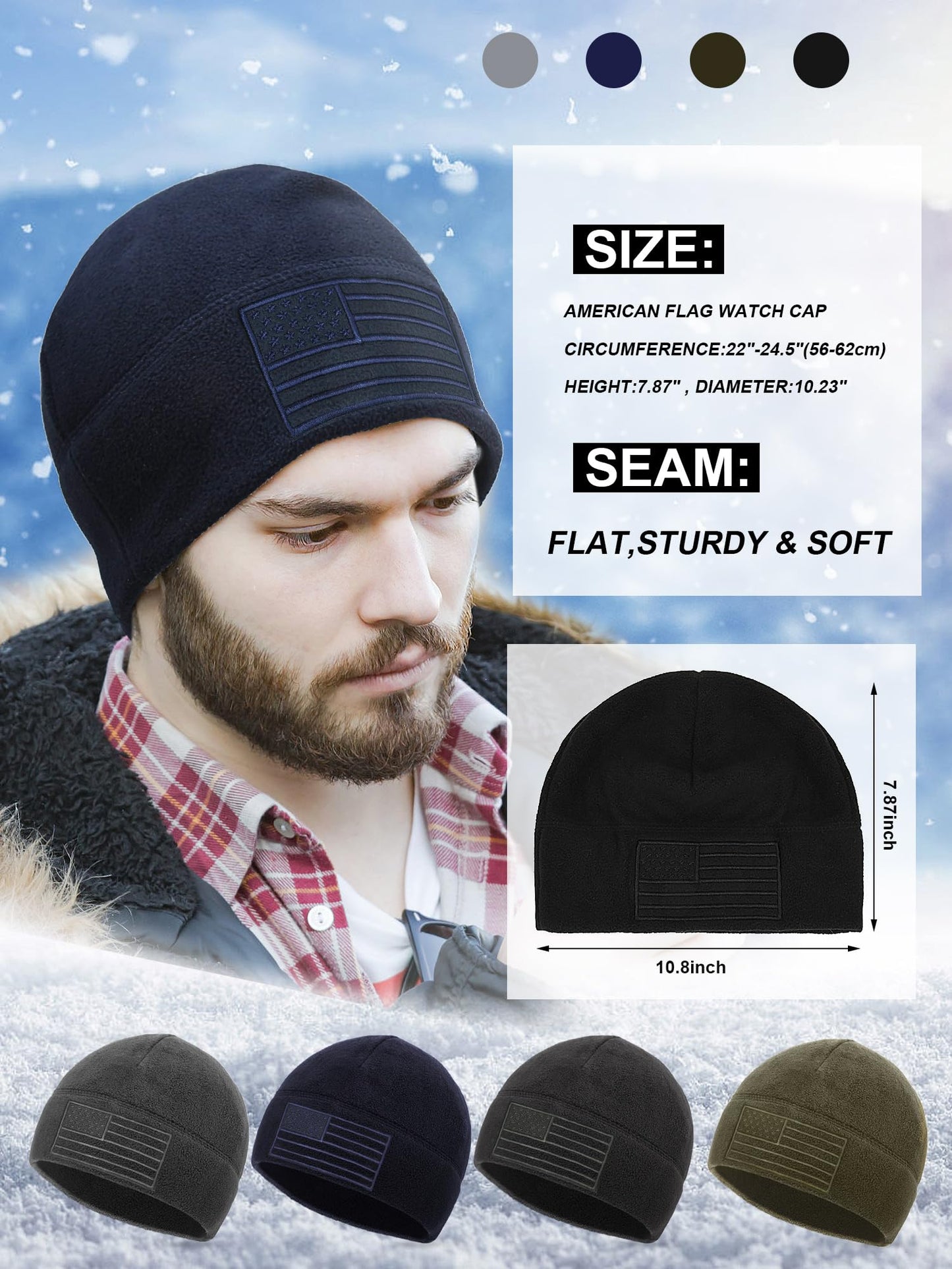 ROLVNHTV 4 Pcs American Flag Beanie Winter Fleece Caps Tactical Military Veteran Beanies USA Hats Warm Army Cap for Men Outdoor Activities