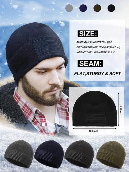 ROLVNHTV 4 Pcs American Flag Beanie Winter Fleece Caps Tactical Military Veteran Beanies USA Hats Warm Army Cap for Men Outdoor Activities