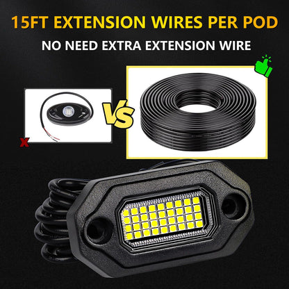 8Pods Metal Bright Pure White LED Rock Lights Kit,Per pod provided 15FT Power Cord,6500K 36LEDs Neon Underglow Light Aluminum Waterproof Fender Lights for Trucks Trailer Jeep Off Road ATV UTV