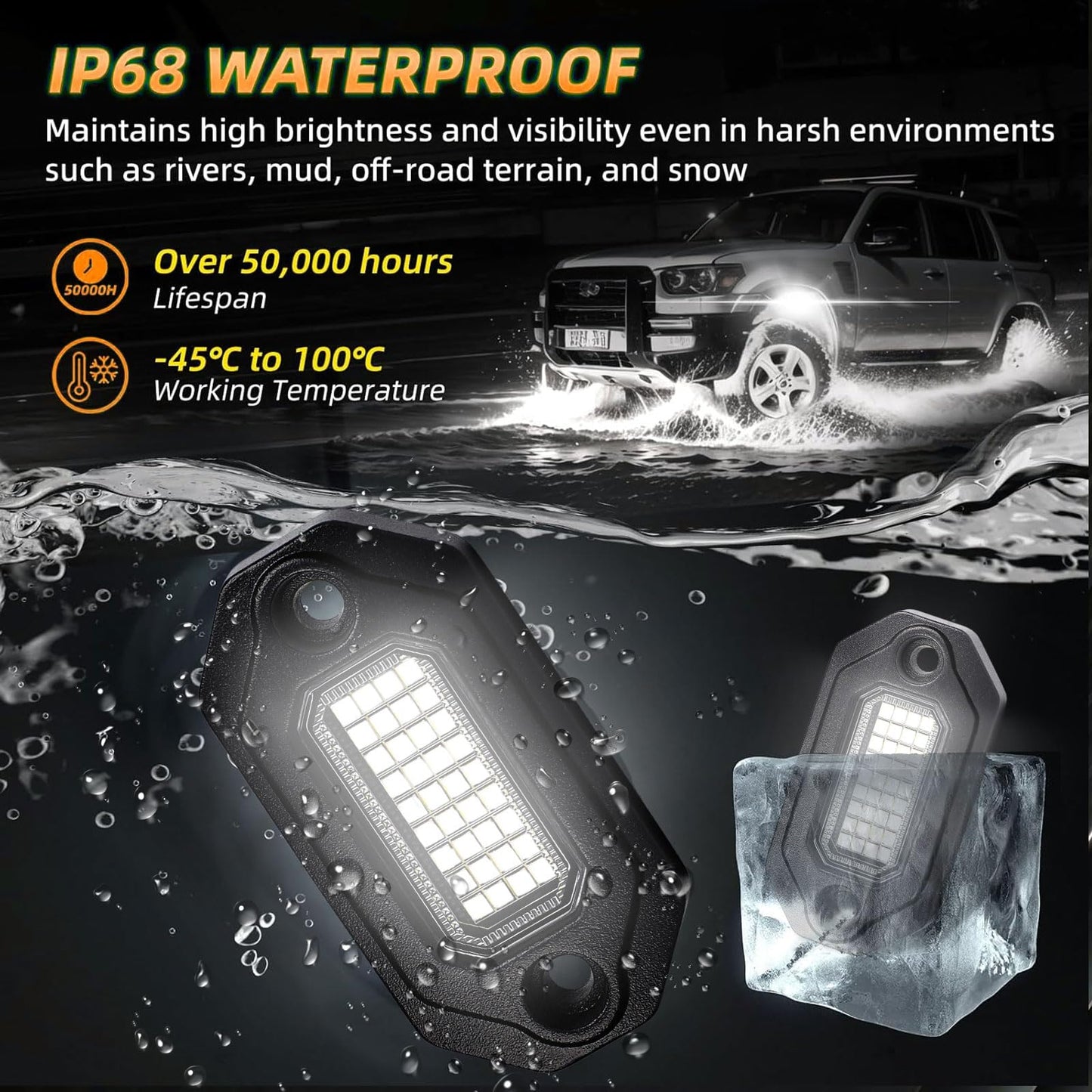 8Pods Metal Bright Pure White LED Rock Lights Kit,Per pod provided 15FT Power Cord,6500K 36LEDs Neon Underglow Light Aluminum Waterproof Fender Lights for Trucks Trailer Jeep Off Road ATV UTV