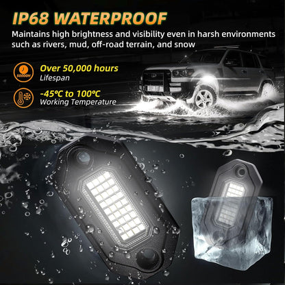 8Pods Metal Bright Pure White LED Rock Lights Kit,Per pod provided 15FT Power Cord,6500K 36LEDs Neon Underglow Light Aluminum Waterproof Fender Lights for Trucks Trailer Jeep Off Road ATV UTV