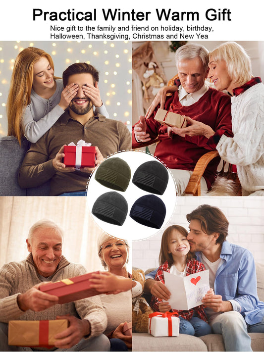 ROLVNHTV 4 Pcs American Flag Beanie Winter Fleece Caps Tactical Military Veteran Beanies USA Hats Warm Army Cap for Men Outdoor Activities