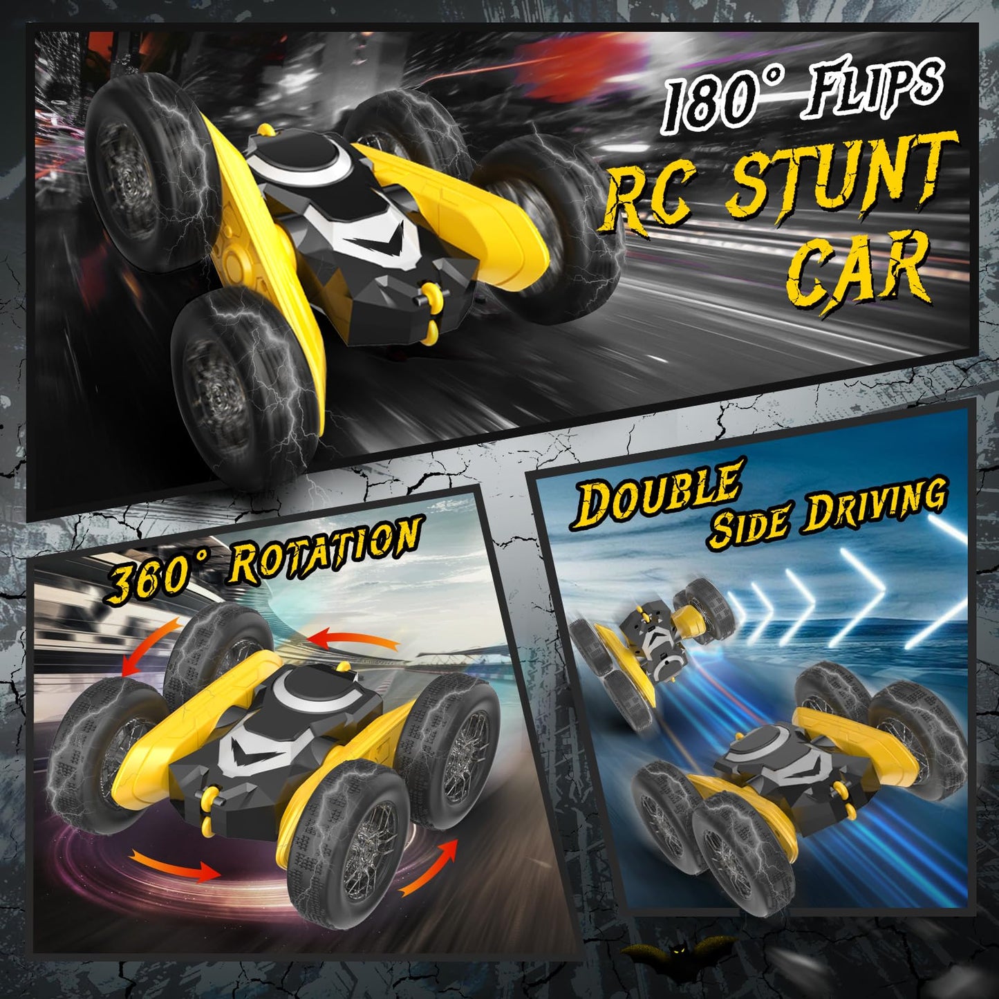 NQD Bat Remote Control Car- Double Sided 360°Rotate RC Stunt Car with Wheel Lights, 4WD Off-Road RC Cars 2.4Ghz Indoor/Outdoor Rechargeable Toy Car for Boys Age 4-7 8-12 Birthday Xmas Gift