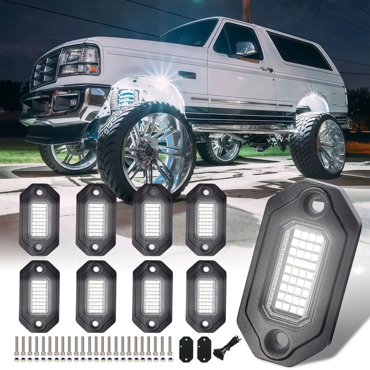 8Pods Metal Bright Pure White LED Rock Lights Kit,Per pod provided 15FT Power Cord,6500K 36LEDs Neon Underglow Light Aluminum Waterproof Fender Lights for Trucks Trailer Jeep Off Road ATV UTV