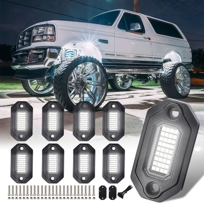 8Pods Metal Bright Pure White LED Rock Lights Kit,Per pod provided 15FT Power Cord,6500K 36LEDs Neon Underglow Light Aluminum Waterproof Fender Lights for Trucks Trailer Jeep Off Road ATV UTV