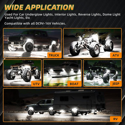 8Pods Metal Bright Pure White LED Rock Lights Kit,Per pod provided 15FT Power Cord,6500K 36LEDs Neon Underglow Light Aluminum Waterproof Fender Lights for Trucks Trailer Jeep Off Road ATV UTV