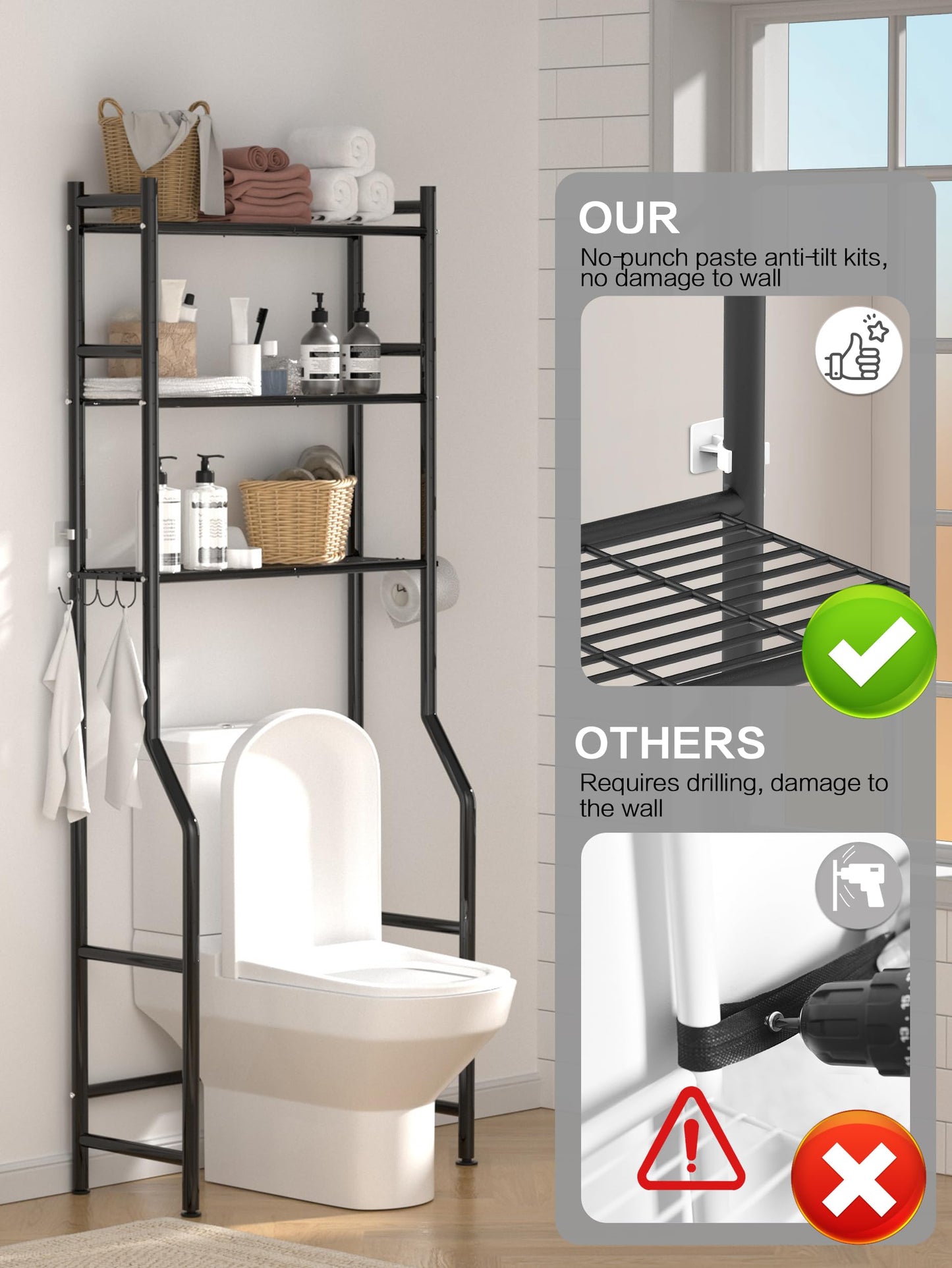 GloTika 3-Tier Over The Toilet Storage, Space Saver Metal Bathroom Shelves, Freestanding Above Over Toilet Storage Shelf with 4 Hooks for Bathroom, Black