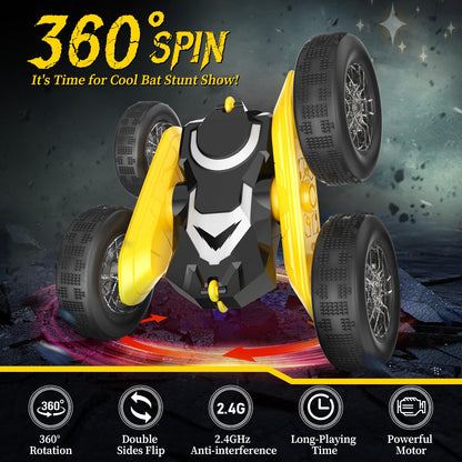 NQD Bat Remote Control Car- Double Sided 360°Rotate RC Stunt Car with Wheel Lights, 4WD Off-Road RC Cars 2.4Ghz Indoor/Outdoor Rechargeable Toy Car for Boys Age 4-7 8-12 Birthday Xmas Gift