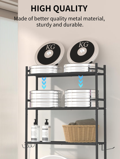 GloTika 3-Tier Over The Toilet Storage, Space Saver Metal Bathroom Shelves, Freestanding Above Over Toilet Storage Shelf with 4 Hooks for Bathroom, Black