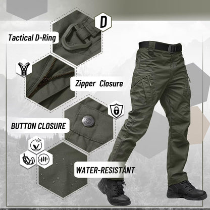 TACVASEN Mens Hiking Cargo Pants Waterproof Breathable Work Pants for Men Construction Stretch Flex Tactical Trousers 9 Pockets ArmyGreen 32